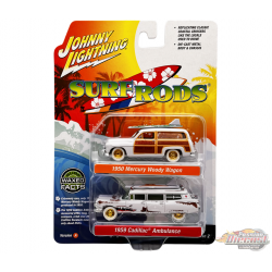 CHASE CAR Surf Rods Pack - 1950 Mercury Woody Wagon - 1959 Cadillac Ambulance - Set of 2 - Johnny Lightning - 1:64 - JLSP343 AGR