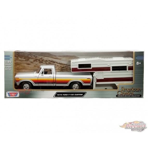1979 Ford F-150 Custom Camper Silver Gradient Striping - American Classics Truck Camper - Motormax 1-24 - 79346-75330
