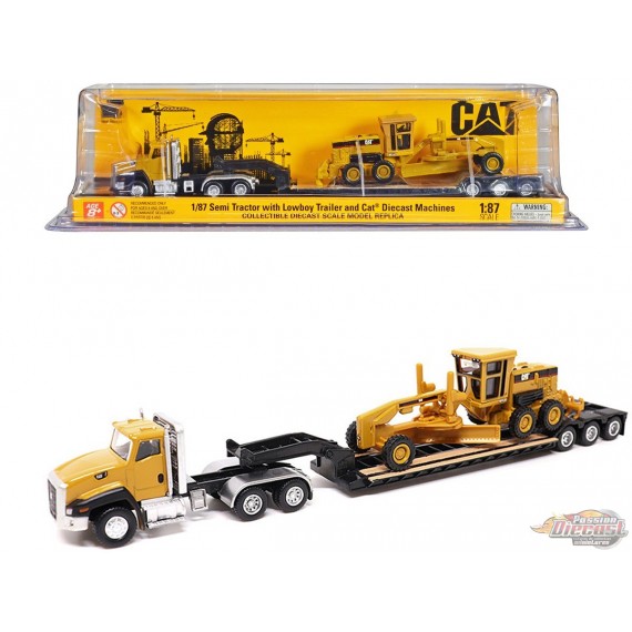 Caterpillar CT660 Day Cab Tractor with Lowboy Trailer and Cat 163H Motor Grader -  Diecast Master 1/87 - 84414