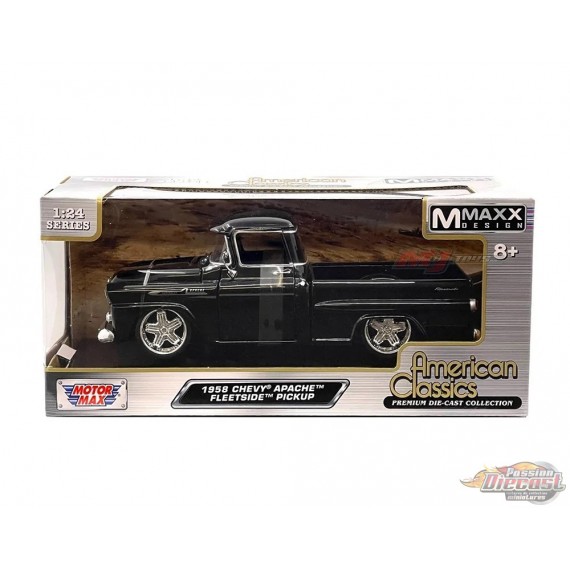 1958 Chevrolet Apache Fleetside Pickup with Custom Wheels - Black - Motormax 1-24 - 79311 MXBK - Passion Diecast 