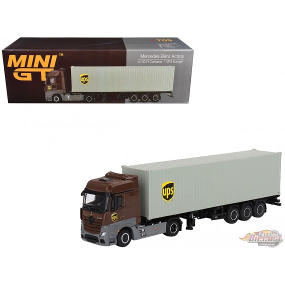 Mercedes-Benz Actros avec conteneur de 40X - UPS Europe - MINI GT 1/64 - MGT00705 - Passion Diecast
