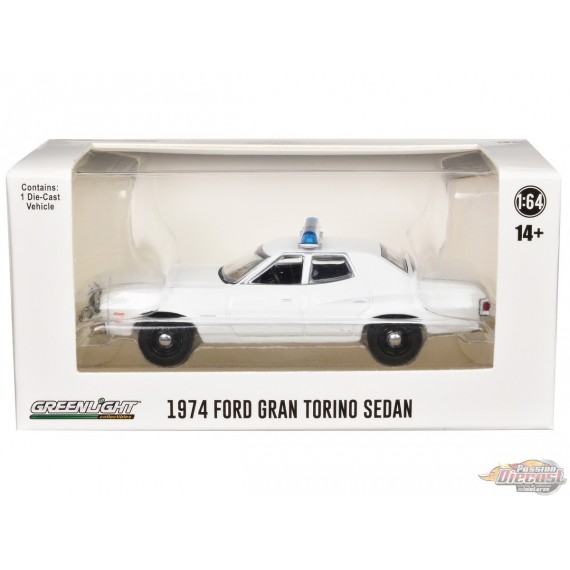 Police - 1974-76 Ford Gran Torino Sedan with Light Bar and Push Bar in White - Hobby Exclusive - 1/64 Greenlight - 43012 B