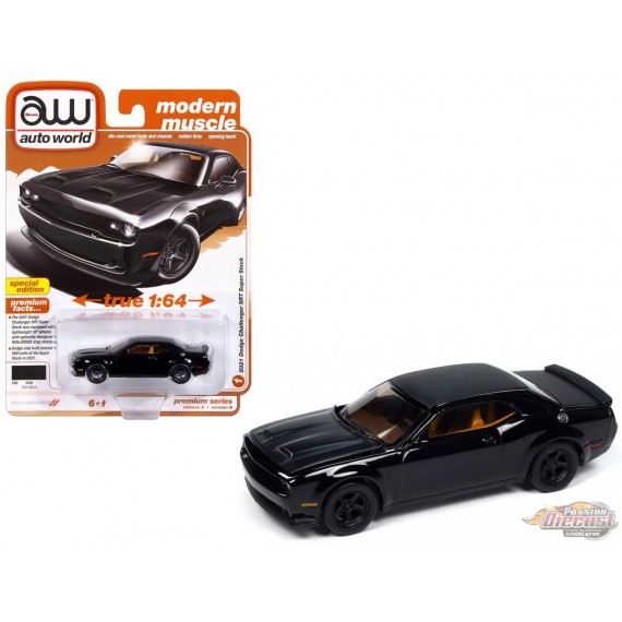 2021 Dodge Challenger SRT Super Stock in Pitch Black with Flat Black Top and Hood - Auto World - 1/64 - AWSP170 B