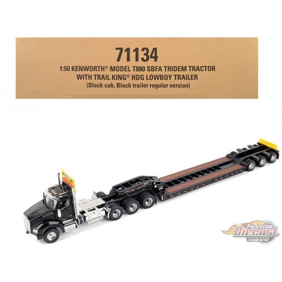 Kenworth T880 Daycab Tridem Tractor in Black with Trail King TK120 HDG Lowboy Trailer - Diecast Master - 1/50 - 71134