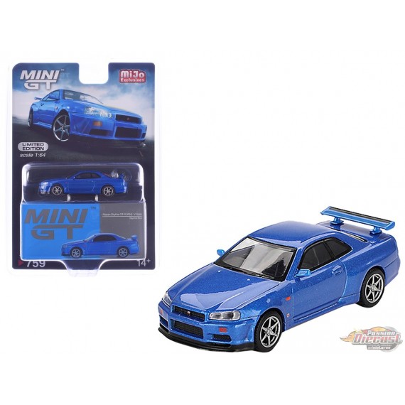 Nissan Skyline GT-R (R34)  V-Spec Bayside Blue - Mini GT - 1:64 - MGT00759 Passion Diecast