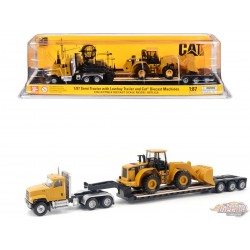 Tracteur cabine courte Caterpillar CT681 remorque surbaissé chargeuse pneu Cat 950G - Diecast Master - 1/87 - 84418