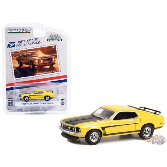 (USPS) 2022 Pony Car Stamp Collection Artist Tom Fritz - 1969 Ford Mustang Boss 302 - Hobby Exclusive - 1/64 Greenlight - 30373