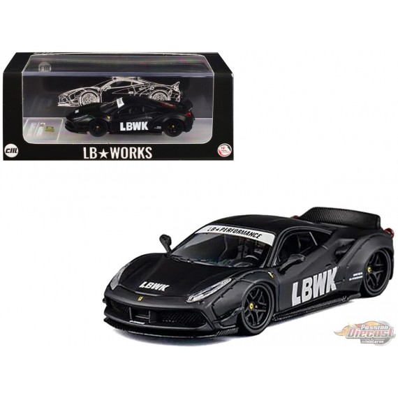 LBWK Liberty Walk F488 Widebody Indonesia Exclusive - Matted Black with Carbon - CM Model - 1:64 - CM64-LB488-INA