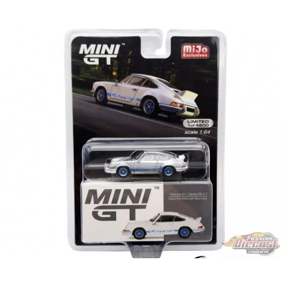 CHASE CAR Porsche 911 Carrera RS 2.7 Grand Prix Blanche avec Livrée Bleue - Mini GT - 1:64 - MGT00715GR Passion Diecast