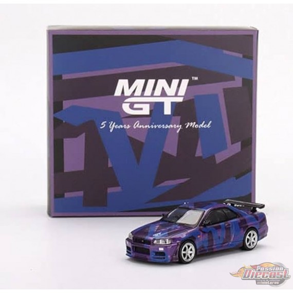 Nissan Skyline GT-R R34 V-Spec II - Camouflage Violet - MINI GT 5 Ans D'anniversaire Modèle 9999 pcs - Mini GT - 1:64 - MGT00446