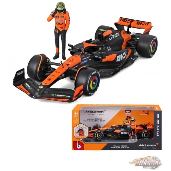 McLaren Formula 1 Team MCL38 Miami Grand Prix 2024 No.4 Lando Norris avec figurine - Bburago 1/24 - 18-28040 LN