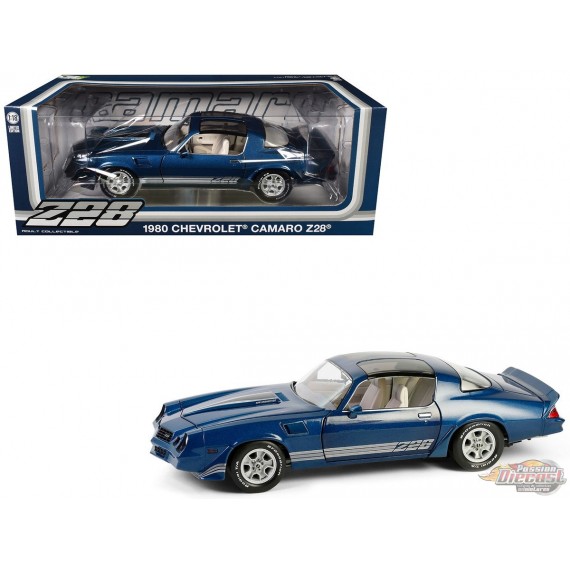 1980 Chevrolet Camaro Z/28 with T-Tops in Dark Blue with Charcoal Tri Color Stripes - 1/18 - Greenlight - 13691