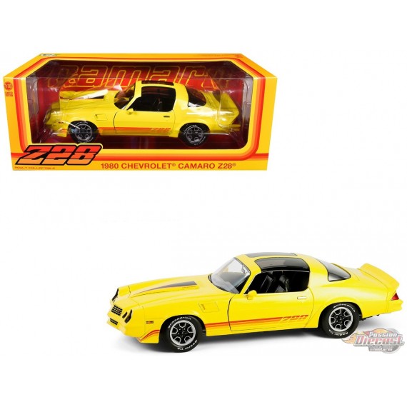 1980 Chevrolet Camaro Z/28 with T-Tops in Bright Yellow with Red Tri Color Stripes - 1/18 - Greenlight - 13690