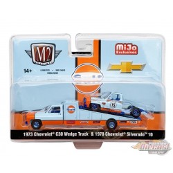 CHASE CAR 1973 Chevrolet C30 Wedge Truck & 1978 Chevrolet Silverado 10 Bedless Gulf Livery - M2 Machine - 1:64 - 39200-MJS07GR