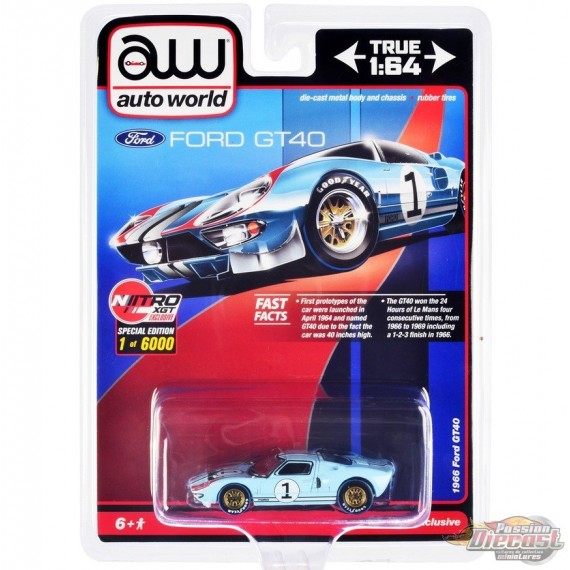 Ford GT40 RHD (conduite à droite) No.1 de 1966 bleu clair avec bande 6 000 unité - Auto World - 1/64 - CP7921