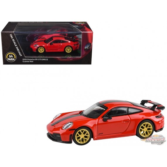 2025 Porsche 911 GT3 (992.2) Guards Red with Carbon Stripe and Gold Wheels - Para64 - PA-55871 - Passion Diecast 