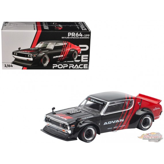 Skyline KPGC110 "Kenmeri" "ADVAN" Black and Red - Pop Race 1:64 - PR640199 -  Passion Diecast 