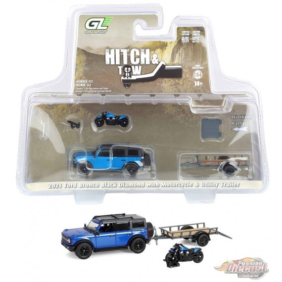 2021 Ford Bronco Black Diamond with Utility Trailer and Motorcycle - Hitch & Tow Series 32 - 1/64 GL - 32320 C