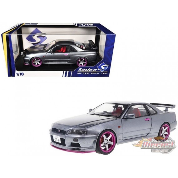 Nissan Skyline GT-R R34 de 1999 - Argent avec accents violets métallisés -  Solido  1/18 - S1804310 -   Passion Diecast 
