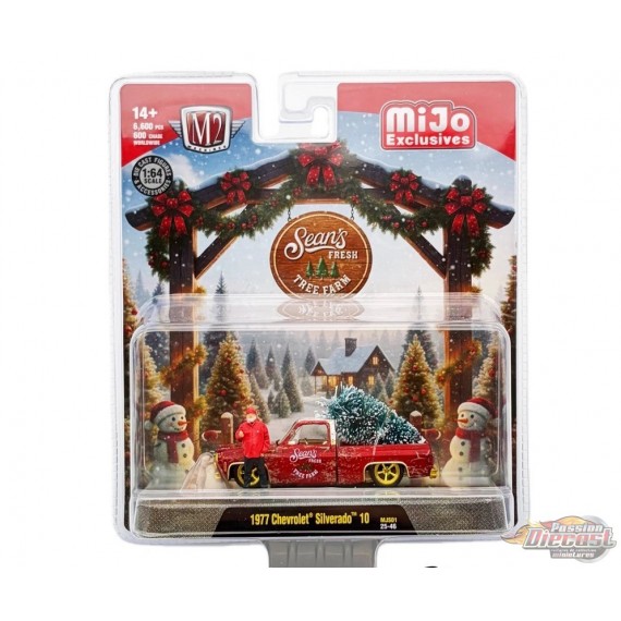 CHASE CAR Diorama Seans Fresh Tree Farm 1977 Chevrolet Silverado 10 with Sean Figure & Dog - M2 Machine - 1:64 - 67500-MJS01GR