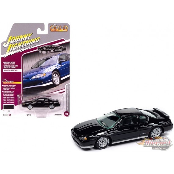 2001 Chevrolet Monte Carlo SS in Gloss Black with Checkered Side Stripe - Johnny Lightning 1/64 - JLCG033 B D Passion Diecast