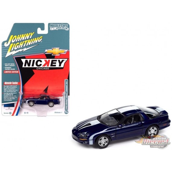 Nickey 2002 Chevrolet Camaro ZL1 in Metallic Blue with White Stripes - Johnny Lightning 1/64 - JLMC034 B B