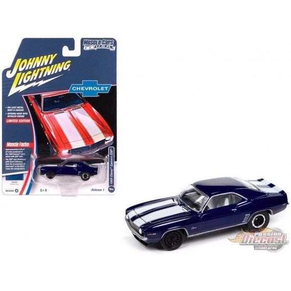 Chevrolet Camaro Z28 de 1969, en bleu métallique à rayures blanches - Johnny Lightning 1/64 - JLMC034 A A