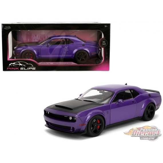 Dodge Challenger SRT Violet Démon Métallisé avec capot noir mat - Pink Slips - Jada 1/18 - 36473 Passion Diecast 