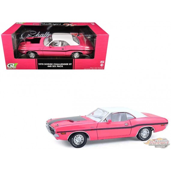 Dodge Challenger R/T Hardtop 440 1970 en rose panthère avec toit blanc et intérieur blanc - 1/18 - Greenlight - 13699