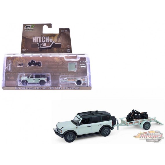 2021 Ford Bronco 4-Door Badlands Trailer and Motorcycle - Hitch & Tow Series 33 - 1/64 Greenlight - 32330 D