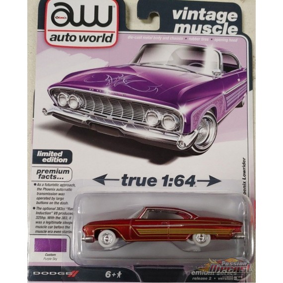 CHASE CAR 1961 Dodge Phoenix Lowrider in Purple Sky Metallic with Lowrider Graphics - Auto World - 1/64 - AWSP195 BGR