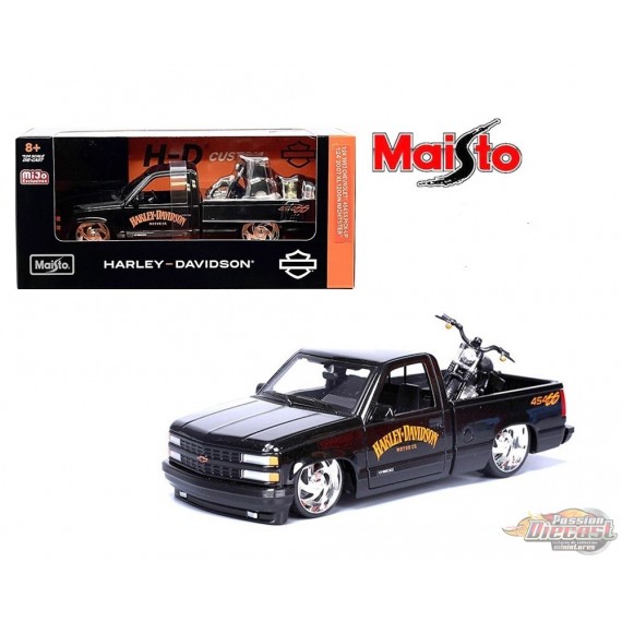 1993 Chevrolet 454SS Pick-Up & 2007 XL 1200N Nightster Harley-Davidson Bike Custom - Black - Maisto 1/24 - 32276 BLK