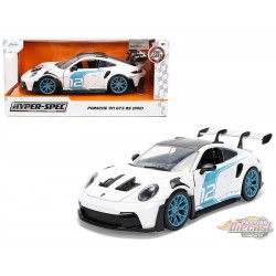 Porsche 911 GT3 RS (992) Blanche et bandes bleues et toit en carbone - Hyper-Spec -  Jada  1/24 - 36494 -  Passion diecast