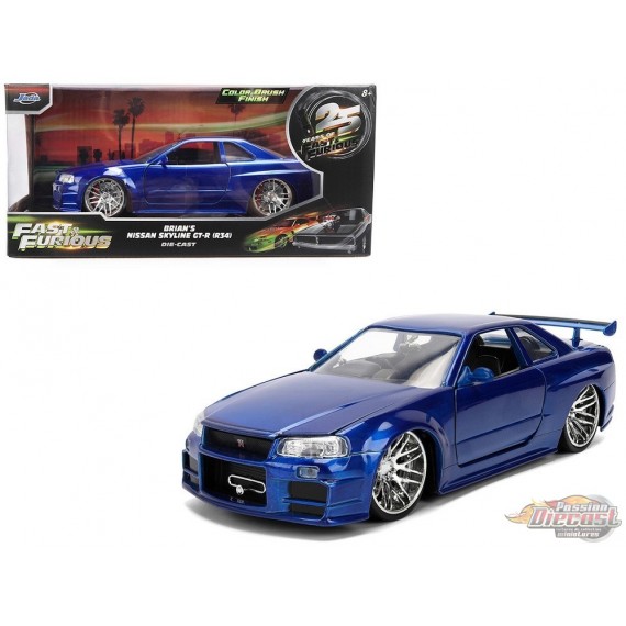 Nissan Skyline GT-R (R34) Bleu Finition Brossée 25e anniversaire de Fast & Furious -  Jada 1/24 - 37704 -  Passion diecast