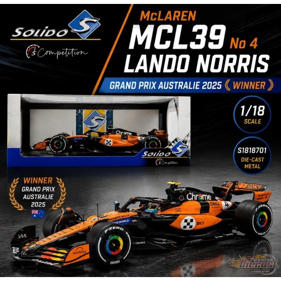 McLaren MCL39 No 4 Norris Australie 2025 - Solido - 1/18 - S1818701 - Passion Diecast 