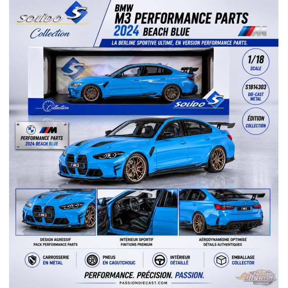 BMW M3 Performance Parts 2024 Beach Blue - Solido - 1/18 - S1814303 - Passion Diecast 