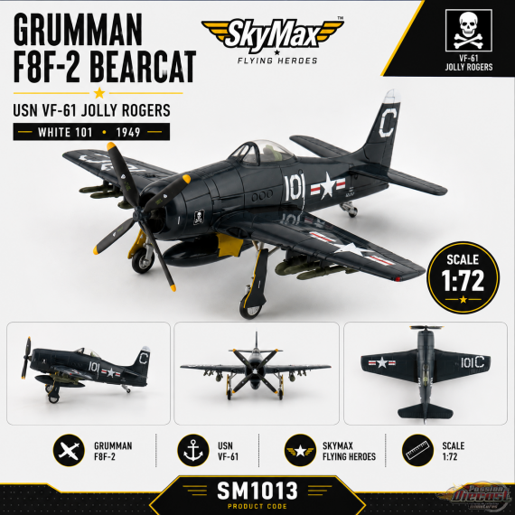(Preorder) Grumman F8F-2 Bearcat / USN VF-61 Jolly Rogers, White 101, 1949 / SkyMax Flying Heroes 1:72 SM1013