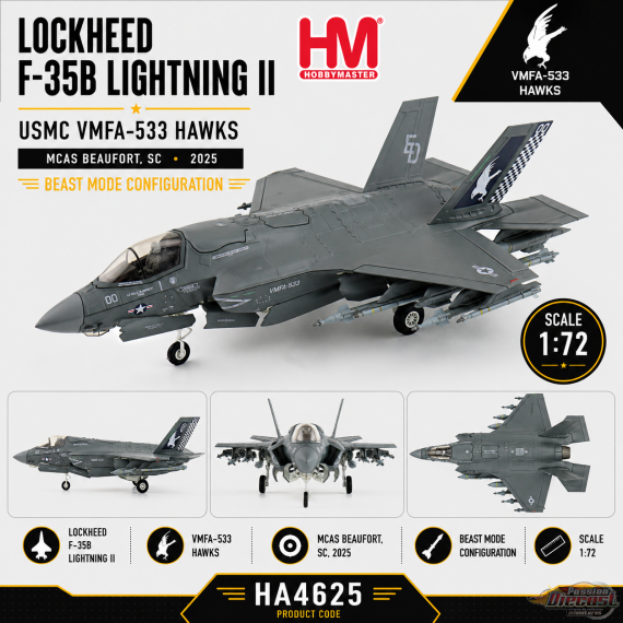 (Preorder) Lockheed F-35B Lightning II / USMC VMFA-533 Hawks, MCAS Beaufort, SC, 2025, Beast Mode / Hobby Master 1:72 HA4625