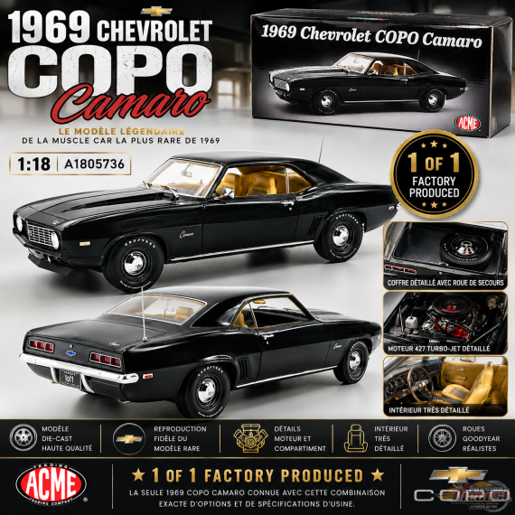 Chevrolet COPO Camaro 1969 noire avec intérieur pied-de-poule jaune - 1 sur 1 - ACME - 1/18 - A1805736