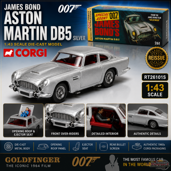 James Bond Aston Martin DB5, Silver  - Corgi 1:43 - RT26101S Passion Diecast