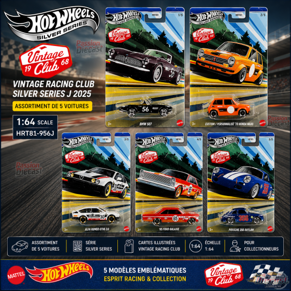 Hot Wheels 1:64 Vintage Grand Prix H 2025 Assortiment de 10 voitures - HRT81-956J Passion Diecast  