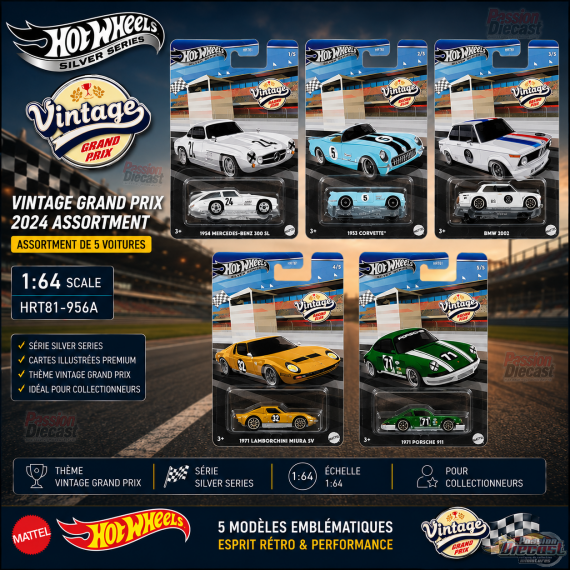 Assortiment A Vintage Grand Prix 2024 - Exclusivités EMC - Assortiment 10. voitures - Hot Wheels 1:64 - HRT81-956A