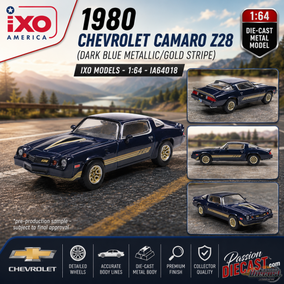 Chevrolet Camaro Z28 de 1980 - Bleu foncé métallisé/bande dorée - IXO Models - 1:64 - IA64018 Passion Diecast