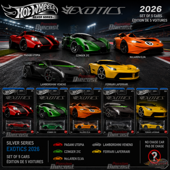 Hot Wheels 1:64 Exotics Silver Series 2026 Assortiment de 5 voitures - GDG44-957U Passion Diecast  
