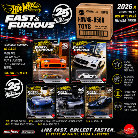 Hot Wheels 1:64 Fast & Furious 25e anniversaire Premium 2026 R Assortiment de 10 voitures - HNW46-956R Passion Diecast  