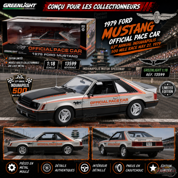 1979 Ford Mustang - 63rd Annual Indianapolis 500 Mile Race Official Pace Car  - Greenlight 1/18  - 13599 - Passion Diecast