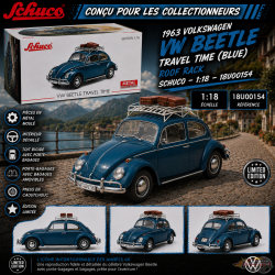 (Preorder)(Free shipping) Volkswagen Beetle Kafer Travel Time (bleue) avec porte-bagages 1963 - Schuco - 1:18 - 18U00154