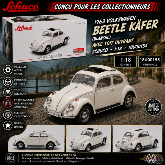 Volkswagen Beetle Kafer avec toit ouvrant, blanche, 1963 - Schuco - 1:18 - 18U00155