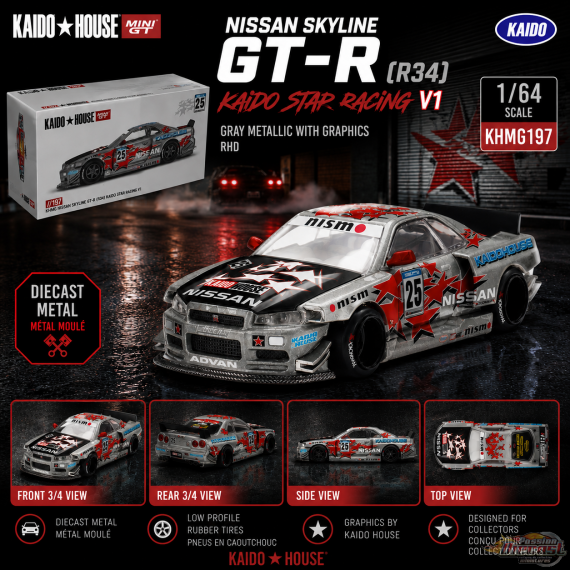 NISSAN SKYLINE GT-R (R34) KAIDO STAR RACING V1 - Mini GT & Kaido★House 1/64 - KHMG197 Passion Diecast