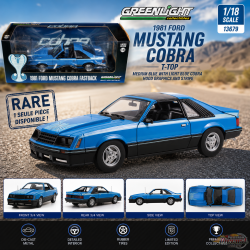Ford Mustang Cobra T-Top 1981 - Bleu moyen avec graphismes de capot Cobra bleu et bande - Greenlight 1/18 - 13679